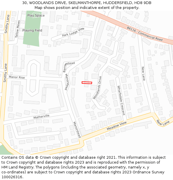 30, WOODLANDS DRIVE, SKELMANTHORPE, HUDDERSFIELD, HD8 9DB: Location map and indicative extent of plot