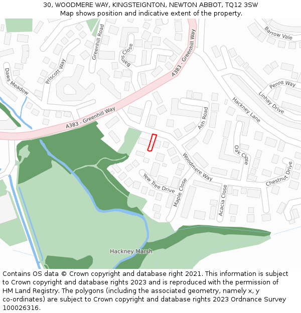 30, WOODMERE WAY, KINGSTEIGNTON, NEWTON ABBOT, TQ12 3SW: Location map and indicative extent of plot