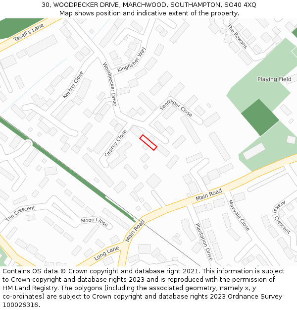 30, WOODPECKER DRIVE, MARCHWOOD, SOUTHAMPTON, SO40 4XQ: Location map and indicative extent of plot