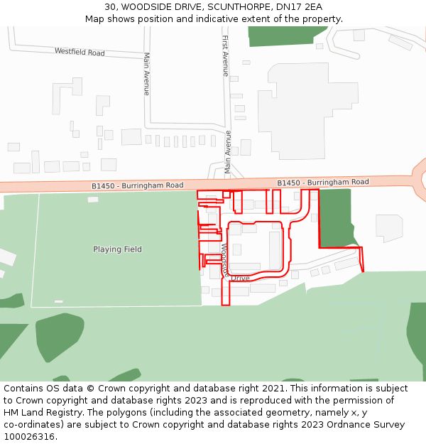 30, WOODSIDE DRIVE, SCUNTHORPE, DN17 2EA: Location map and indicative extent of plot