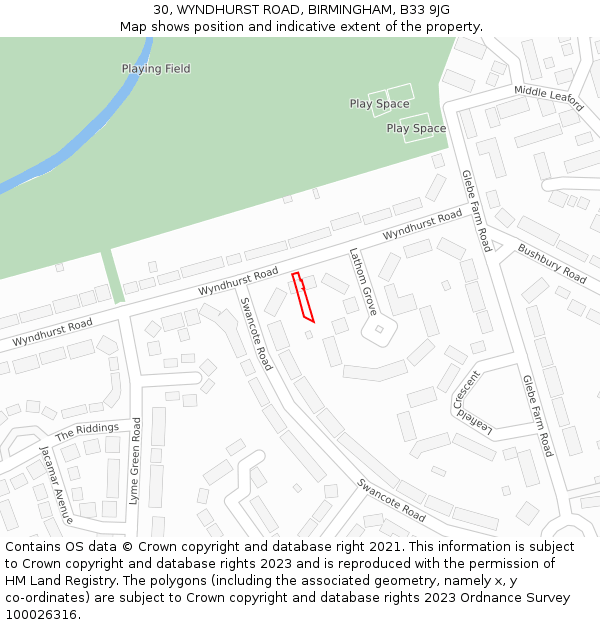 30, WYNDHURST ROAD, BIRMINGHAM, B33 9JG: Location map and indicative extent of plot