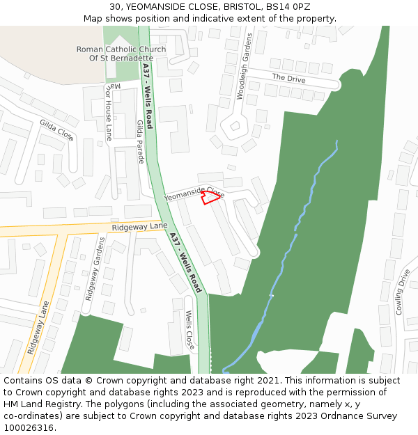 30, YEOMANSIDE CLOSE, BRISTOL, BS14 0PZ: Location map and indicative extent of plot
