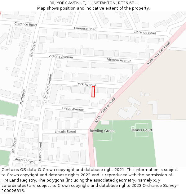 30, YORK AVENUE, HUNSTANTON, PE36 6BU: Location map and indicative extent of plot