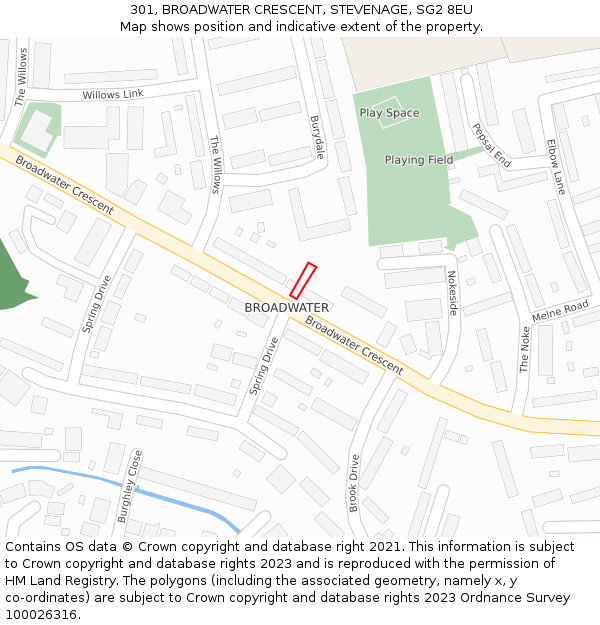 301, BROADWATER CRESCENT, STEVENAGE, SG2 8EU: Location map and indicative extent of plot