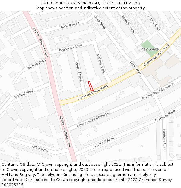 301, CLARENDON PARK ROAD, LEICESTER, LE2 3AQ: Location map and indicative extent of plot