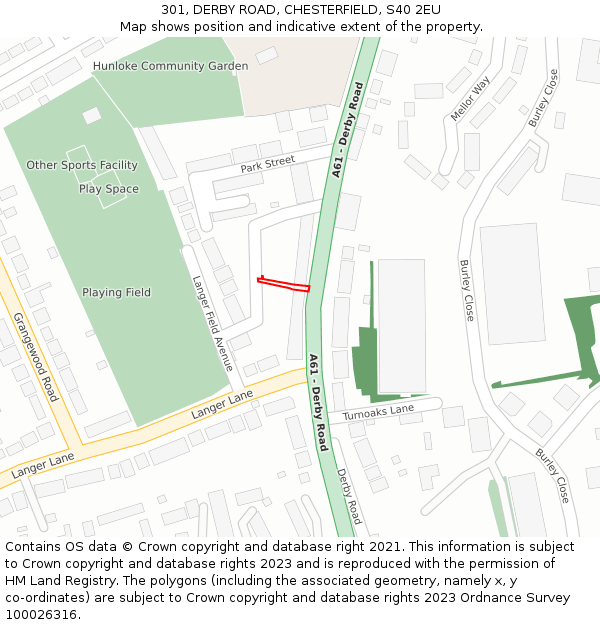 301, DERBY ROAD, CHESTERFIELD, S40 2EU: Location map and indicative extent of plot