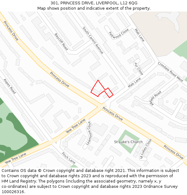 301, PRINCESS DRIVE, LIVERPOOL, L12 6QG: Location map and indicative extent of plot