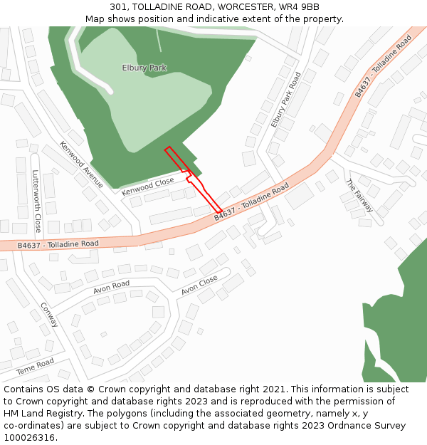301, TOLLADINE ROAD, WORCESTER, WR4 9BB: Location map and indicative extent of plot