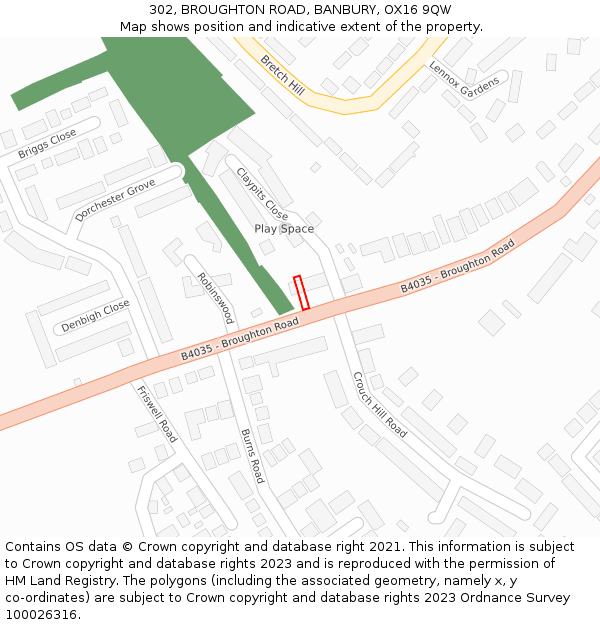 302, BROUGHTON ROAD, BANBURY, OX16 9QW: Location map and indicative extent of plot