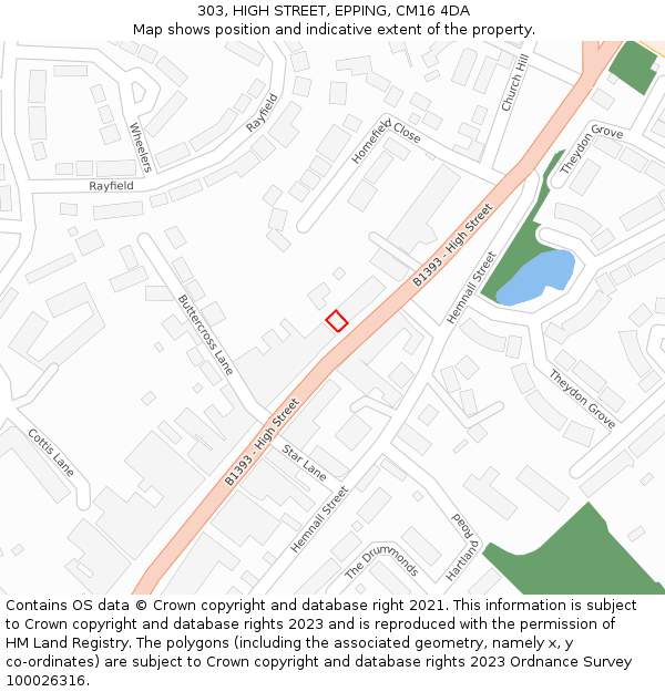 303, HIGH STREET, EPPING, CM16 4DA: Location map and indicative extent of plot