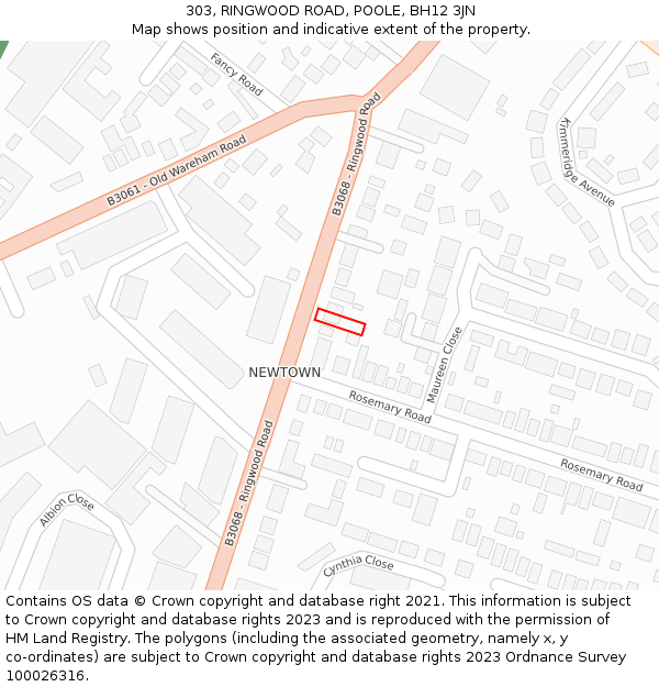 303, RINGWOOD ROAD, POOLE, BH12 3JN: Location map and indicative extent of plot