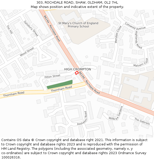 303, ROCHDALE ROAD, SHAW, OLDHAM, OL2 7HL: Location map and indicative extent of plot