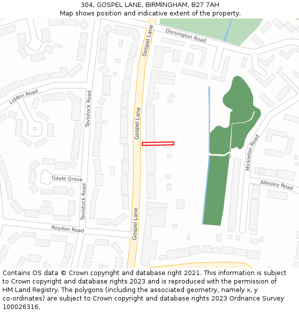 304, GOSPEL LANE, BIRMINGHAM, B27 7AH: Location map and indicative extent of plot