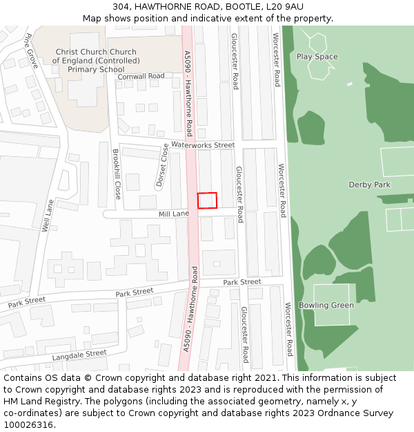 304, HAWTHORNE ROAD, BOOTLE, L20 9AU: Location map and indicative extent of plot