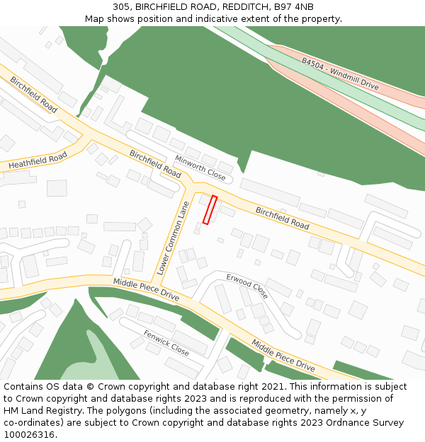 305, BIRCHFIELD ROAD, REDDITCH, B97 4NB: Location map and indicative extent of plot