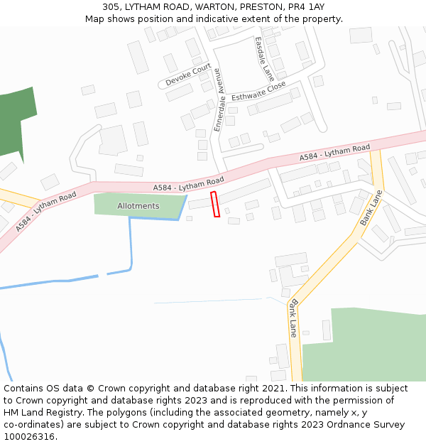 305, LYTHAM ROAD, WARTON, PRESTON, PR4 1AY: Location map and indicative extent of plot