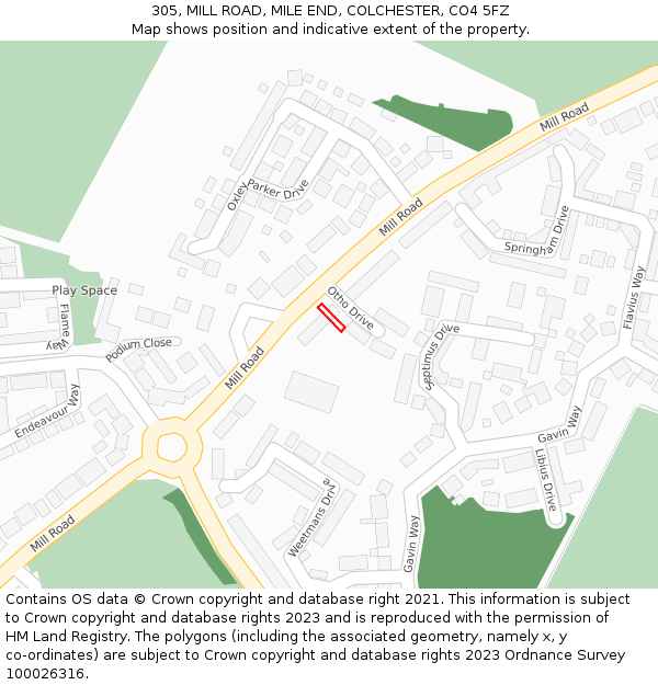 305, MILL ROAD, MILE END, COLCHESTER, CO4 5FZ: Location map and indicative extent of plot