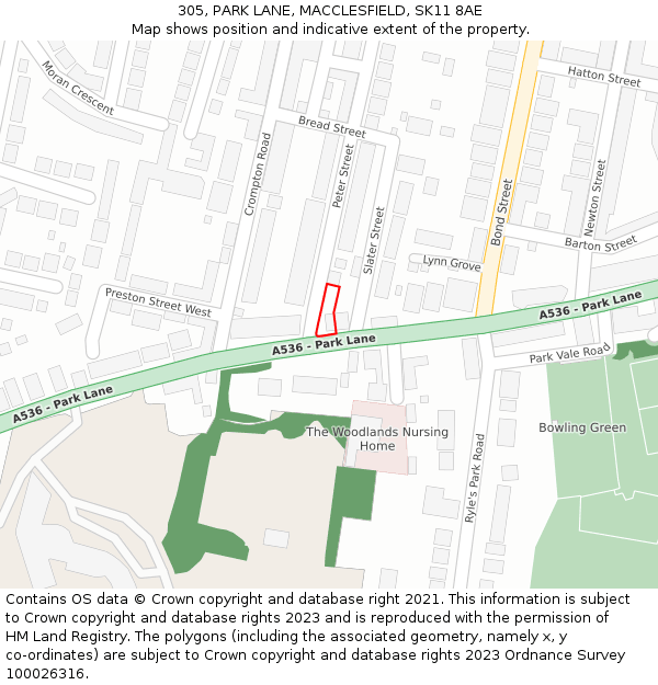 305, PARK LANE, MACCLESFIELD, SK11 8AE: Location map and indicative extent of plot