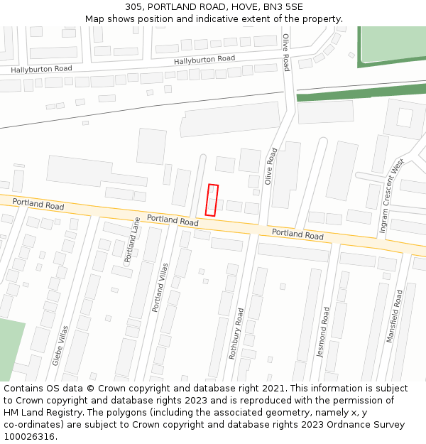 305, PORTLAND ROAD, HOVE, BN3 5SE: Location map and indicative extent of plot