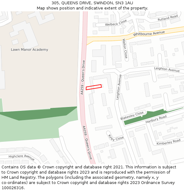 305, QUEENS DRIVE, SWINDON, SN3 1AU: Location map and indicative extent of plot