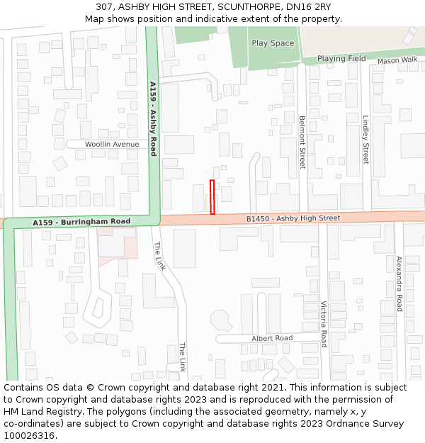 307, ASHBY HIGH STREET, SCUNTHORPE, DN16 2RY: Location map and indicative extent of plot