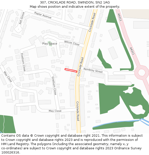307, CRICKLADE ROAD, SWINDON, SN2 1AG: Location map and indicative extent of plot