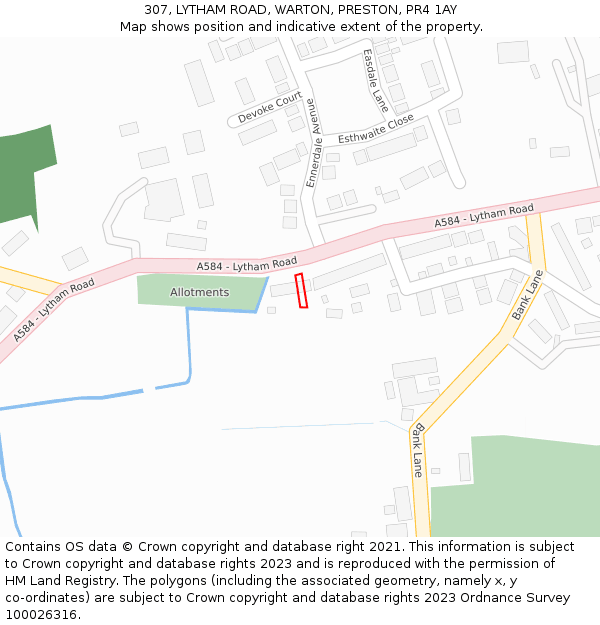 307, LYTHAM ROAD, WARTON, PRESTON, PR4 1AY: Location map and indicative extent of plot