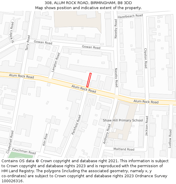 308, ALUM ROCK ROAD, BIRMINGHAM, B8 3DD: Location map and indicative extent of plot