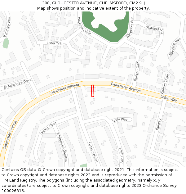 308, GLOUCESTER AVENUE, CHELMSFORD, CM2 9LJ: Location map and indicative extent of plot
