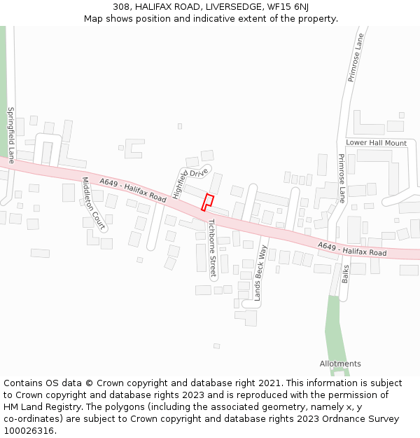 308, HALIFAX ROAD, LIVERSEDGE, WF15 6NJ: Location map and indicative extent of plot