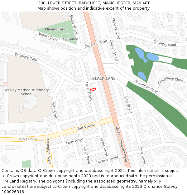 308, LEVER STREET, RADCLIFFE, MANCHESTER, M26 4PT: Location map and indicative extent of plot