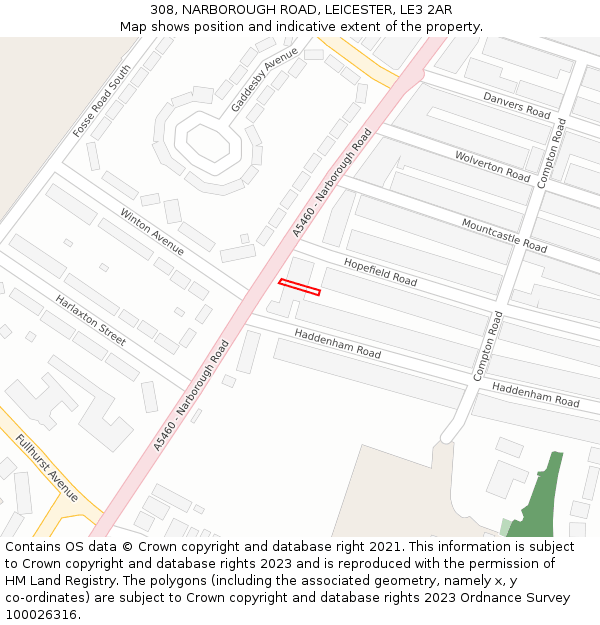 308, NARBOROUGH ROAD, LEICESTER, LE3 2AR: Location map and indicative extent of plot