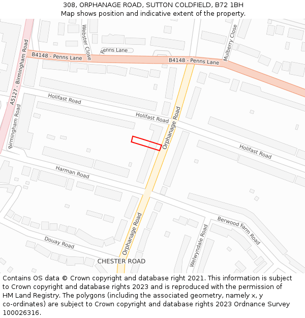 308, ORPHANAGE ROAD, SUTTON COLDFIELD, B72 1BH: Location map and indicative extent of plot