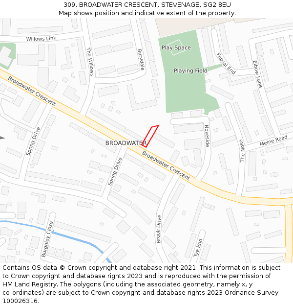 309, BROADWATER CRESCENT, STEVENAGE, SG2 8EU: Location map and indicative extent of plot