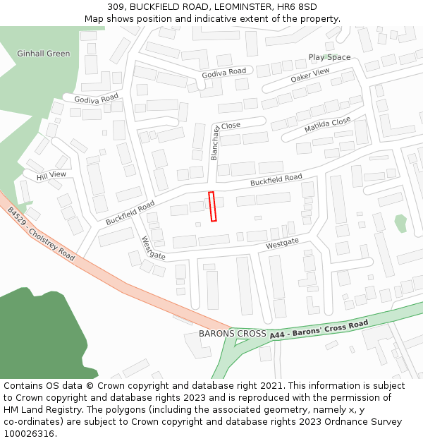 309, BUCKFIELD ROAD, LEOMINSTER, HR6 8SD: Location map and indicative extent of plot