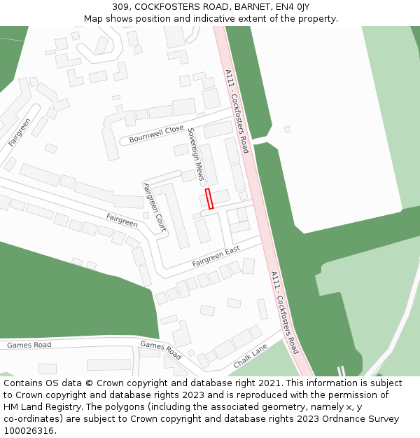 309, COCKFOSTERS ROAD, BARNET, EN4 0JY: Location map and indicative extent of plot