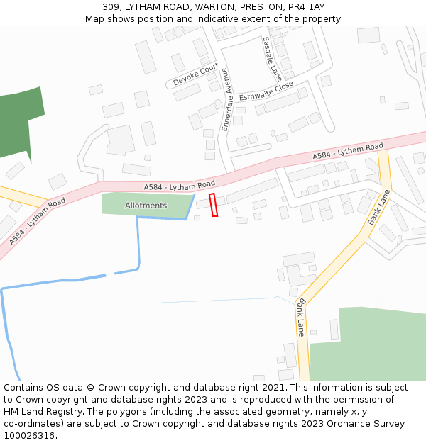 309, LYTHAM ROAD, WARTON, PRESTON, PR4 1AY: Location map and indicative extent of plot