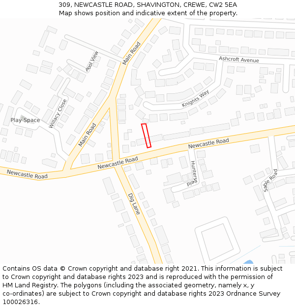309, NEWCASTLE ROAD, SHAVINGTON, CREWE, CW2 5EA: Location map and indicative extent of plot