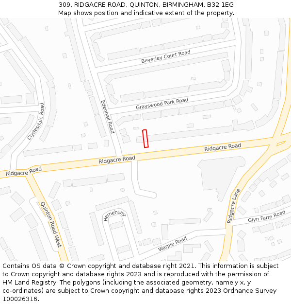 309, RIDGACRE ROAD, QUINTON, BIRMINGHAM, B32 1EG: Location map and indicative extent of plot