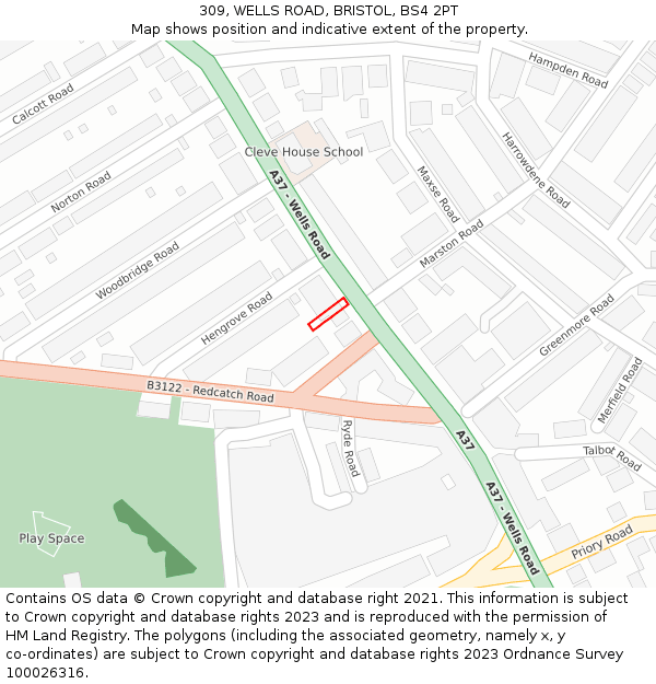 309, WELLS ROAD, BRISTOL, BS4 2PT: Location map and indicative extent of plot