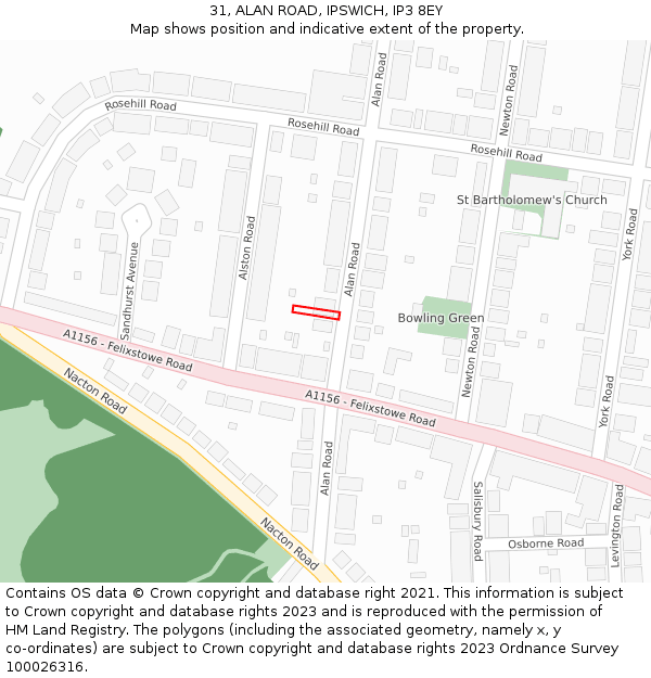 31, ALAN ROAD, IPSWICH, IP3 8EY: Location map and indicative extent of plot