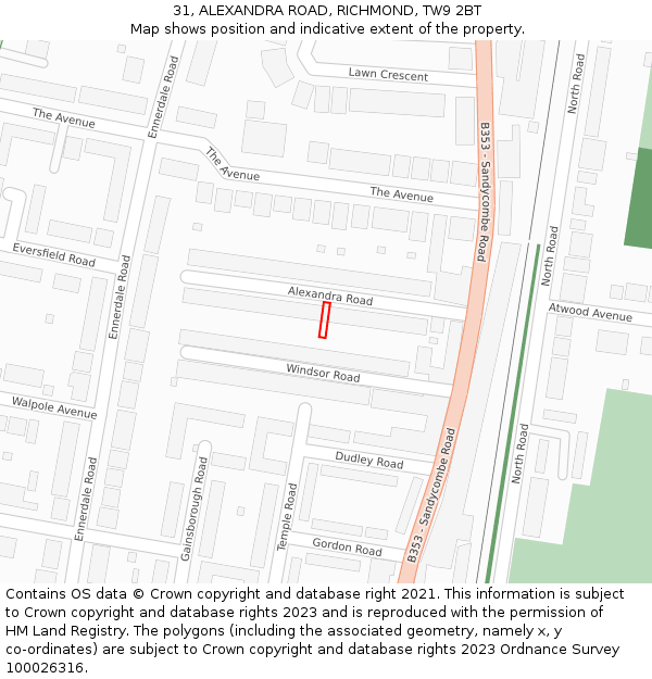 31, ALEXANDRA ROAD, RICHMOND, TW9 2BT: Location map and indicative extent of plot