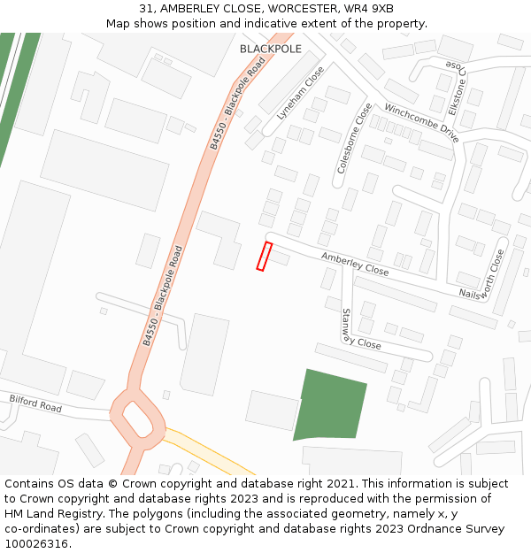 31, AMBERLEY CLOSE, WORCESTER, WR4 9XB: Location map and indicative extent of plot