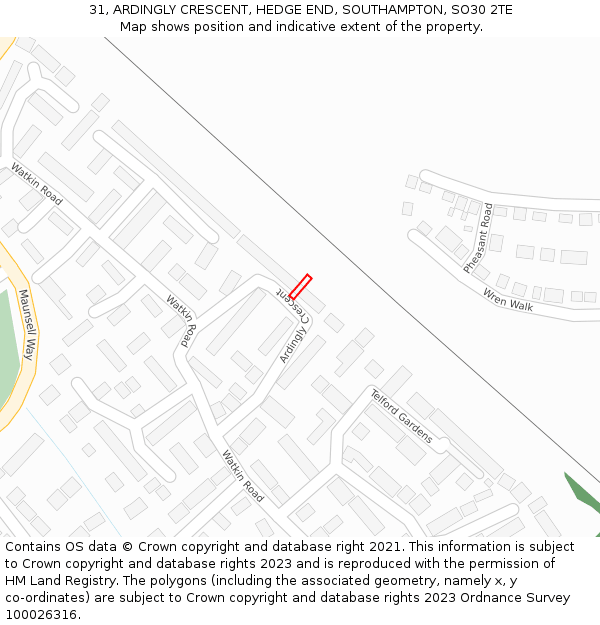 31, ARDINGLY CRESCENT, HEDGE END, SOUTHAMPTON, SO30 2TE: Location map and indicative extent of plot