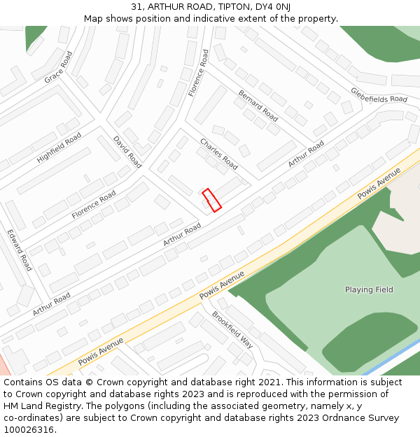 31, ARTHUR ROAD, TIPTON, DY4 0NJ: Location map and indicative extent of plot