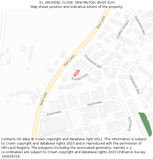 31, ARUNDEL CLOSE, NEW MILTON, BH25 5UH: Location map and indicative extent of plot