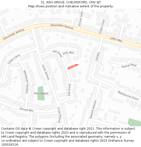 31, ASH GROVE, CHELMSFORD, CM2 9JT: Location map and indicative extent of plot