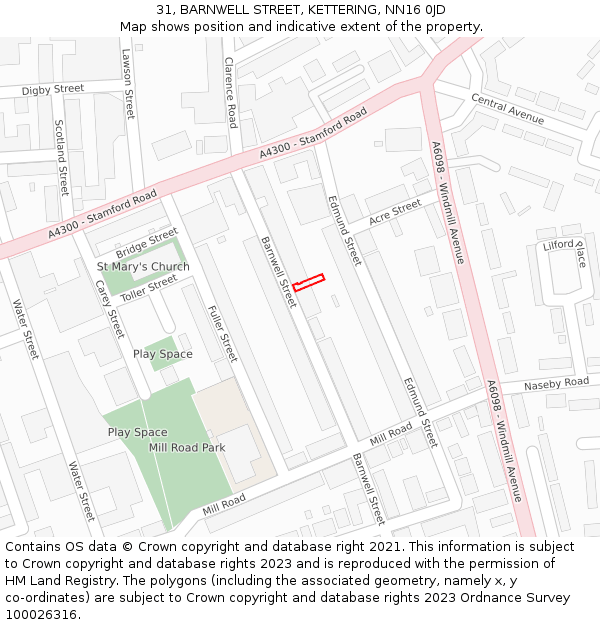 31, BARNWELL STREET, KETTERING, NN16 0JD: Location map and indicative extent of plot