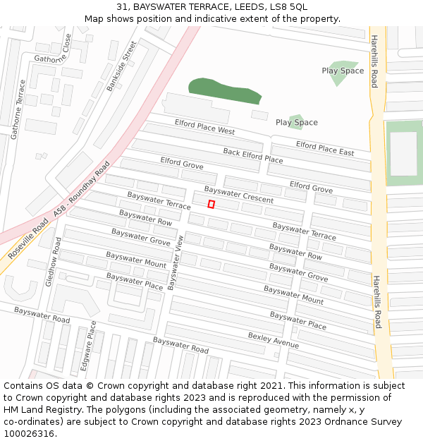 31, BAYSWATER TERRACE, LEEDS, LS8 5QL: Location map and indicative extent of plot