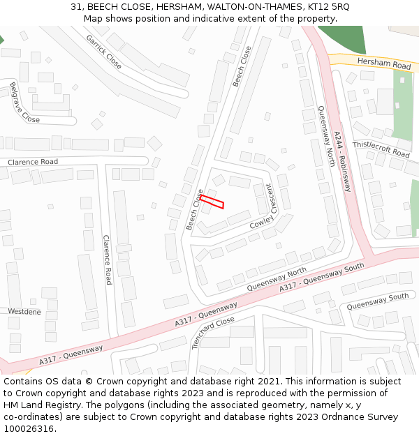 31, BEECH CLOSE, HERSHAM, WALTON-ON-THAMES, KT12 5RQ: Location map and indicative extent of plot